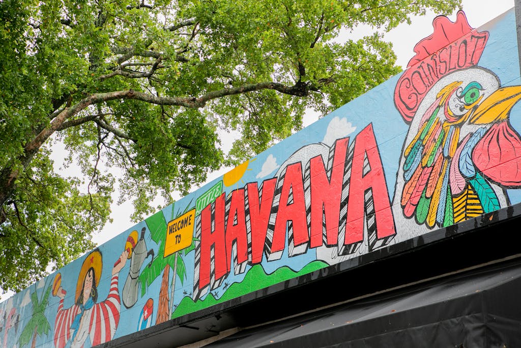 Vibrant mural in Havana featuring colorful rooster and lush greenery.