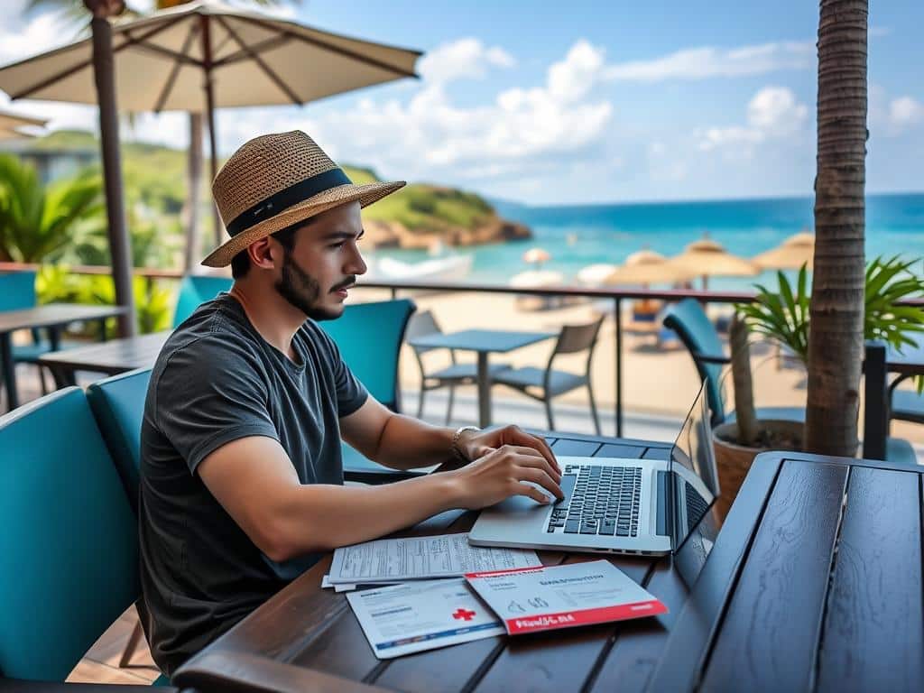 Digital nomad working remotely with travel medical insurance
