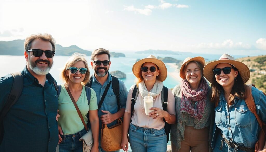 Happy travelers with medical insurance for traveling protection enjoying their trip