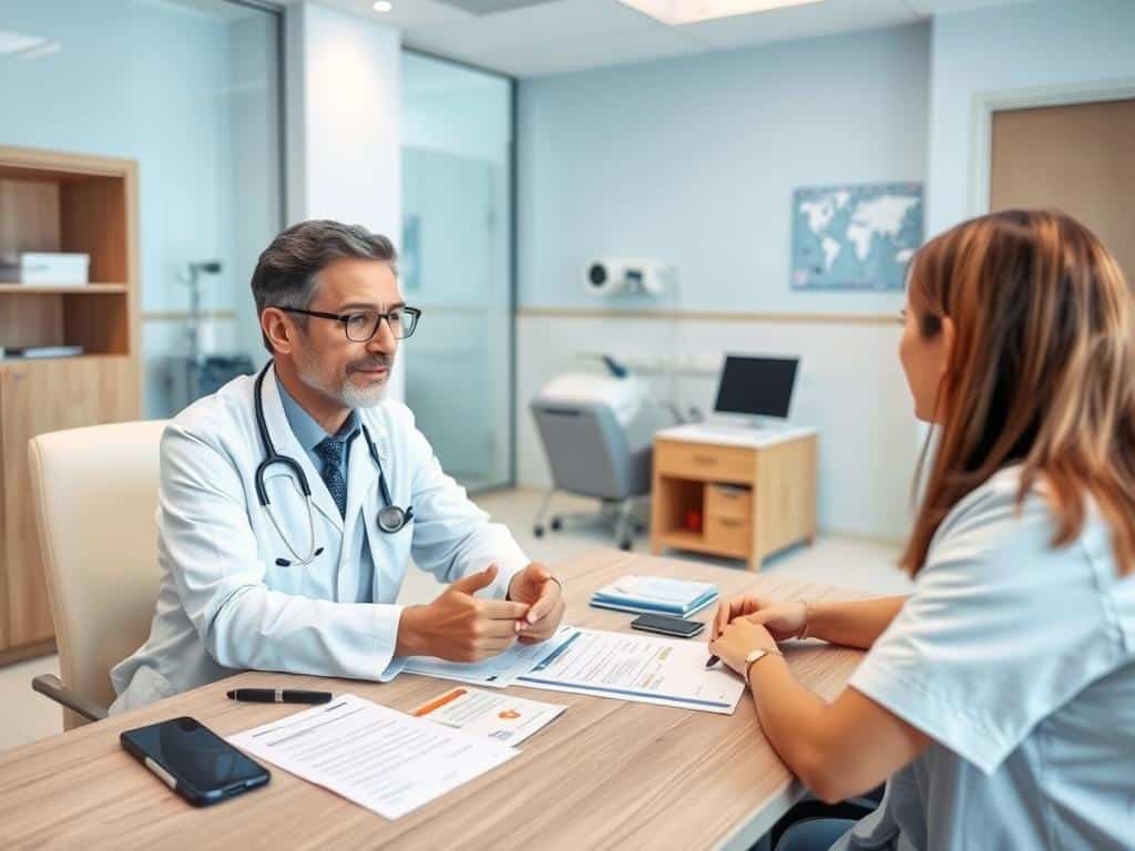 Patient consulting with doctor about medical tourism insurance coverage