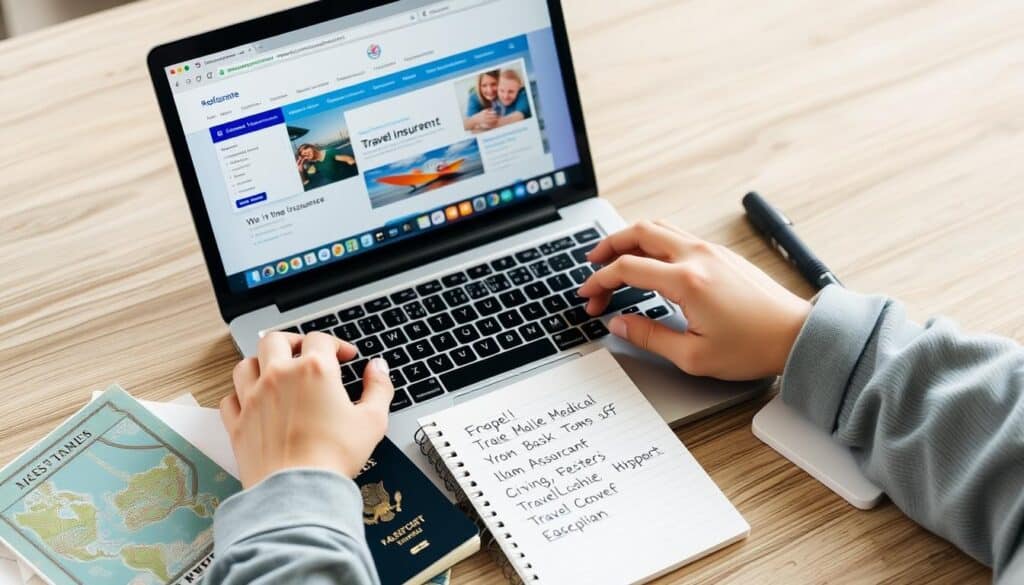 Person comparing different medical insurance for traveling plans on laptop