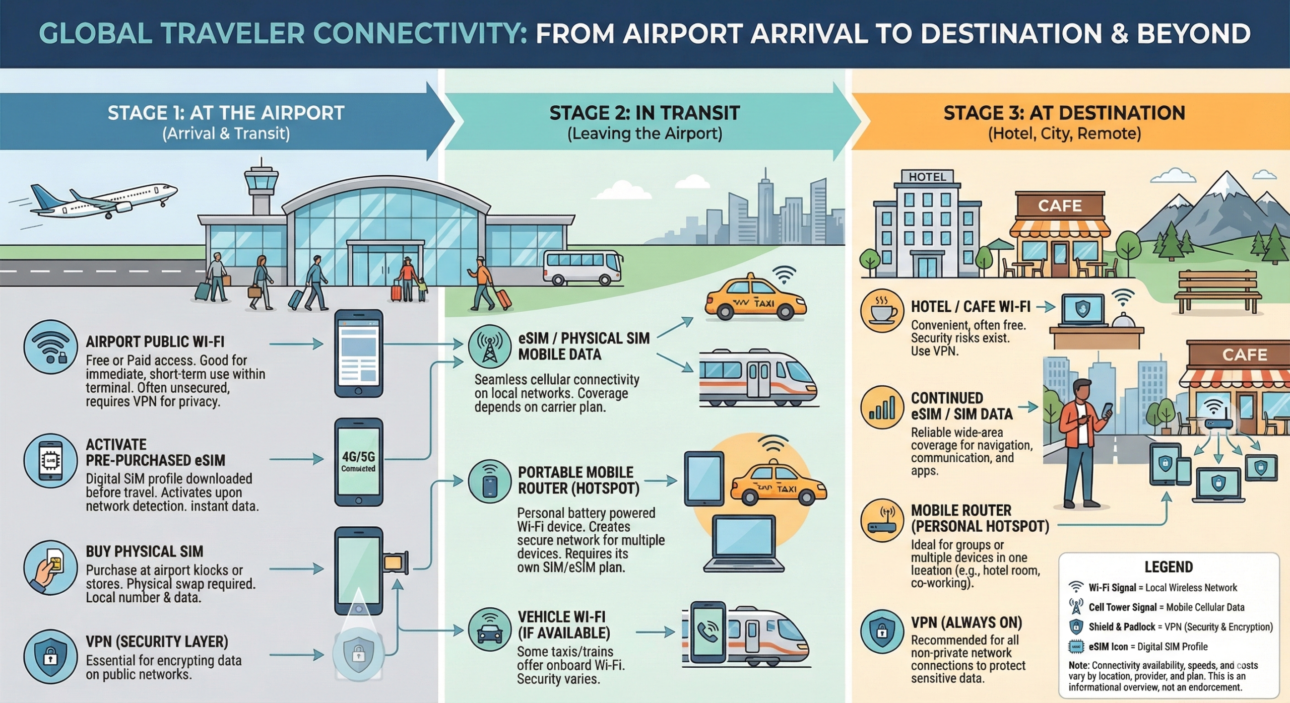 How travel connectivity works — from airport arrival to destination, showing WiFi, eSIM, and mobile router options