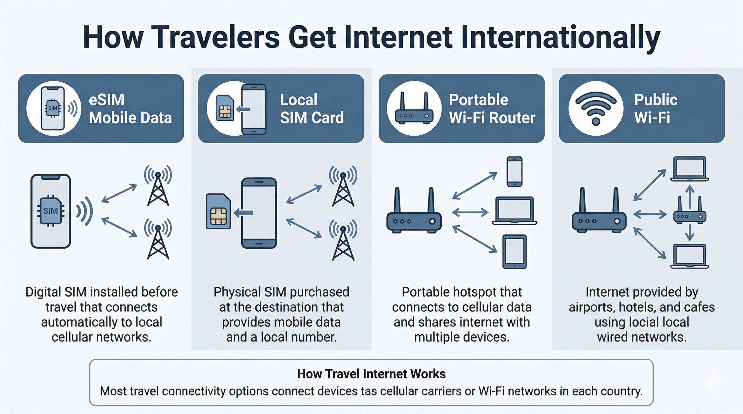Global connectivity options for international travellers — eSIM, SIM card, and portable hotspot illustrated