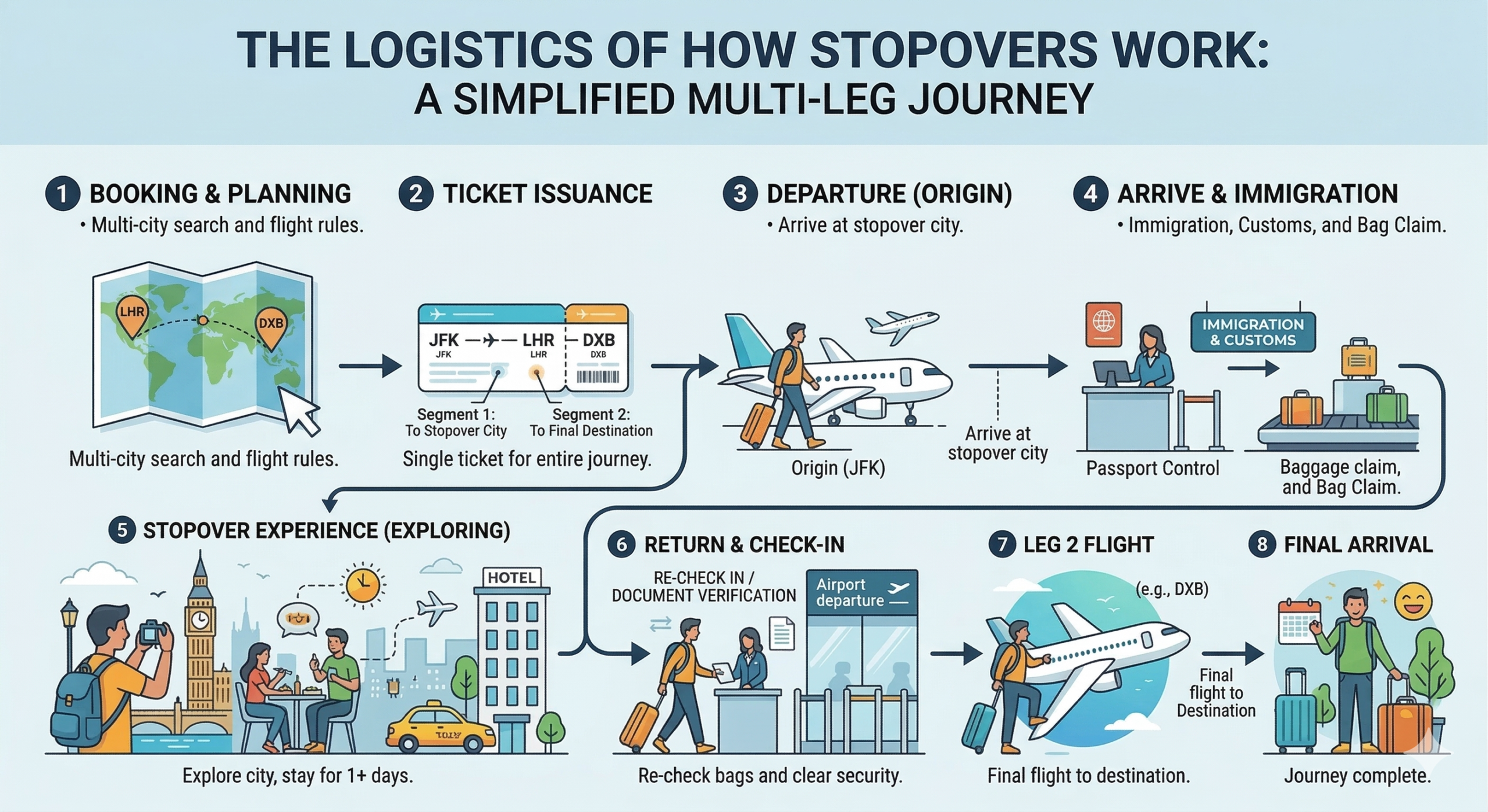 Infographic showing how airline stopover programmes work — the difference between a layover and a stopover, eligibility, and programme benefits