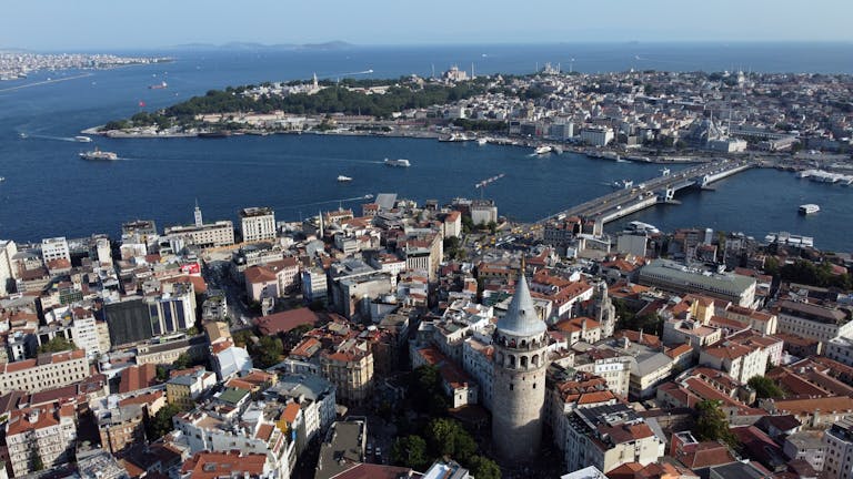 Stunning aerial view of Istanbul featuring the iconic Galata Tower and Bosphorus on a clear day.